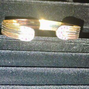 14k tricolor solid gold open bangle bracelet with ruby accent